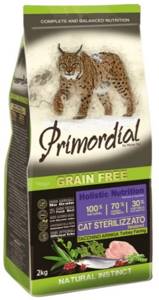 Сухие гранулы Primordial Grain Free Cat Sterilizzato Turkey для стерилизованных кошек.