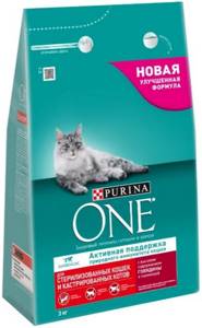 Упаковка сухого корма Purina ONE для стерилизованных кошек и для профилактики МКБ.